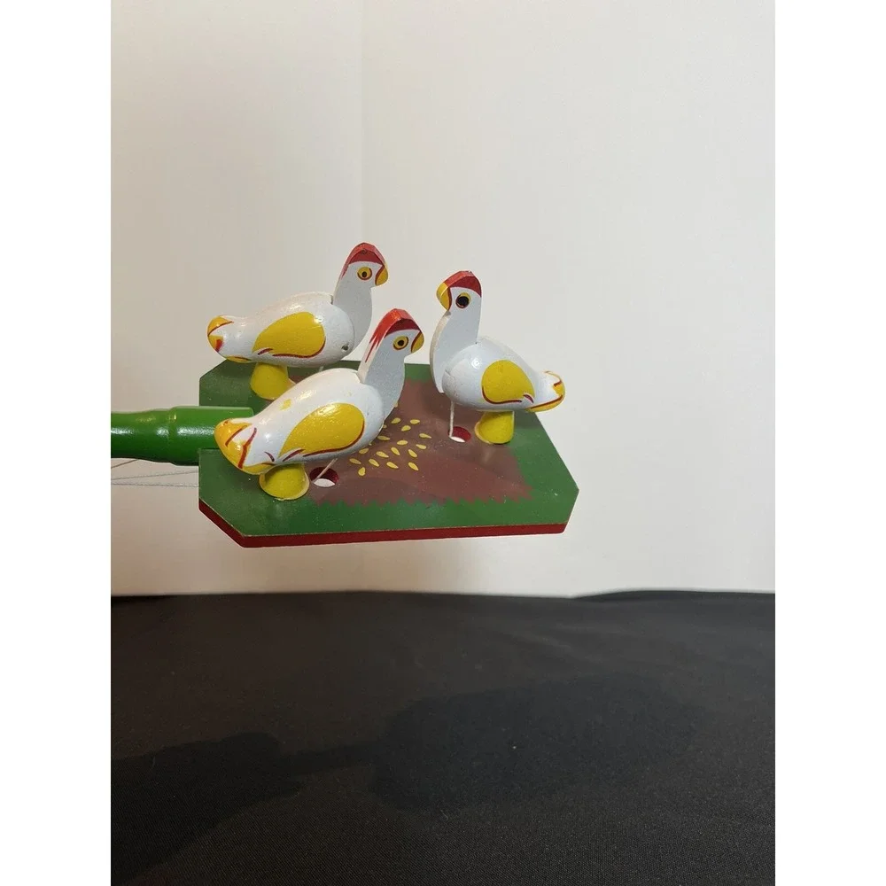 Pecking Hen Toy Vintage Wood Green White Chicken